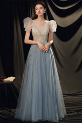 Gorgeous Beaded V-Neck Prom Dress with Bubble Sleeves