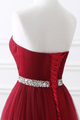Gorgeous Burgundy Sweetheart Long Prom Dress Tulle Crystal Evening Gown