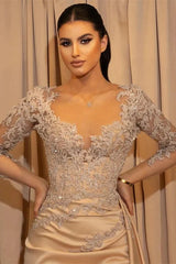 Gorgeous Champagne Long Sleeves V-neck Mermaid Satin Evening Prom Dress with Slit