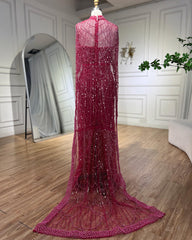 Prachtige Fuchsia Mermaid Prom Dress Beadings Parels met cape