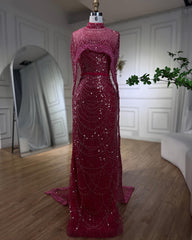 Prachtige Fuchsia Mermaid Prom Dress Beadings Parels met cape