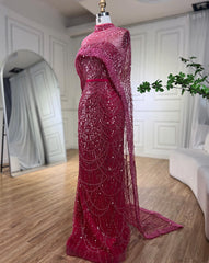 Prachtige Fuchsia Mermaid Prom Dress Beadings Parels met cape