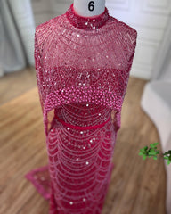 Prachtige Fuchsia Mermaid Prom Dress Beadings Parels met cape