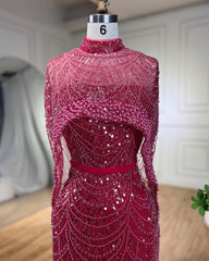 Prachtige Fuchsia Mermaid Prom Dress Beadings Parels met cape