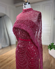 Prachtige Fuchsia Mermaid Prom Dress Beadings Parels met cape