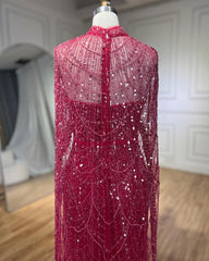 Prachtige Fuchsia Mermaid Prom Dress Beadings Parels met cape