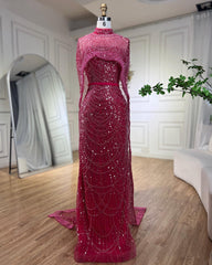 Prachtige Fuchsia Mermaid Prom Dress Beadings Parels met cape