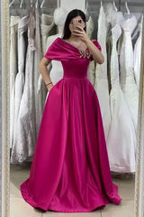 Gorgeous Fuchsia Off-The-Shoulder A-Line Prom Dress Long With Beadings