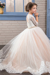 Gorgeous Half Sleeves Lace Flower Girl Dress Tulle Champagne Gown