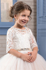 Gorgeous Half Sleeves Lace Flower Girl Dress Tulle Champagne Gown