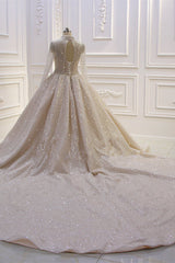 Gorgeous High-neck Long Sleeves Satin Ball Gown Wedding Dress with Sequins