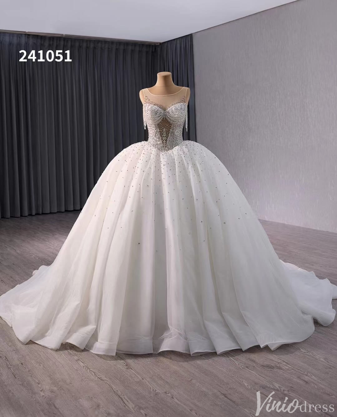 Gorgeous Ivory Beaded Wedding Gown Sheer Sparkly Bridal Dress 241051