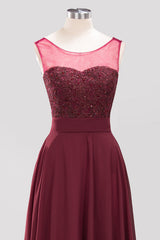 Gorgeous Jewel Neck Pink Bridesmaid Dress with Beadings