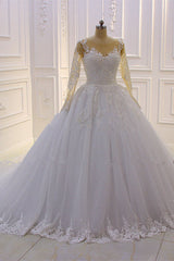 Prachtige lange A-Line A-Line Bateau Pearl TuLle Appliques Lace trouwjurk met mouwen