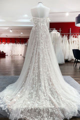 Prachtige lange A-lijn off-the-shoulder tule appliques kanten trouwjurk