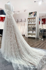 Prachtige lange A-lijn off-the-shoulder tule appliques kanten trouwjurk