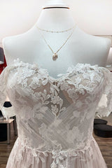 Prachtige lange A-lijn off-the-shoulder tule appliques kanten trouwjurk