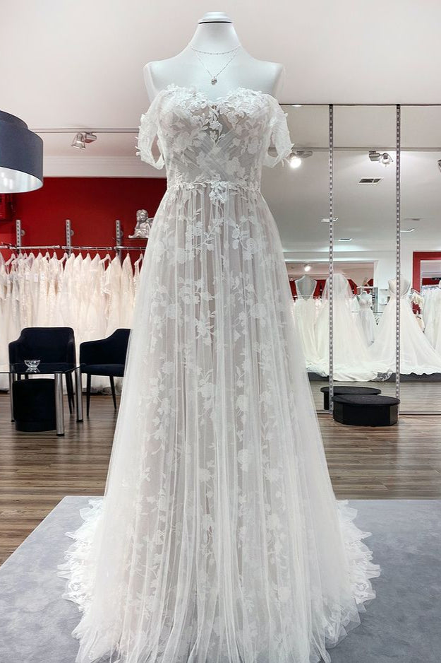 Prachtige lange A-lijn off-the-shoulder tule appliques kanten trouwjurk