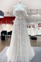 Prachtige lange A-lijn off-the-shoulder tule appliques kanten trouwjurk