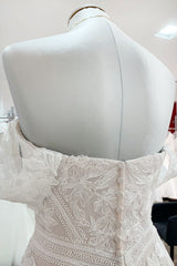 Prachtige lange A-lijn off-the-shoulder tule kant-appliques trouwjurk