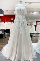 Prachtige lange A-lijn off-the-shoulder tule kant-appliques trouwjurk