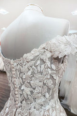 Prachtige lange A-lijn off-the-shoulder tule kant ruches trouwjurk