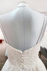 Prachtige lange a-line sweetheart spaghetti riemen tule kanten trouwjurken