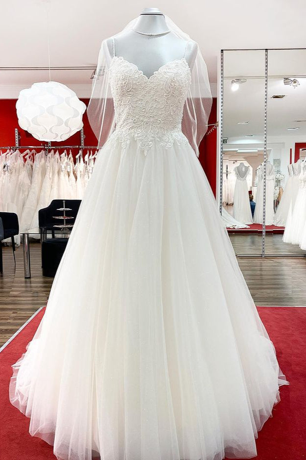 Prachtige lange a-line sweetheart spaghetti riemen tule kanten trouwjurken