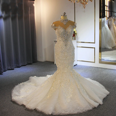 Prachtige lange zeemeermin Hoge nek Appliques Lace Crystal Tule Trouwjurk