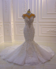 Prachtige lange zeemeermin Hoge nek Appliques Lace Crystal Tule Trouwjurk