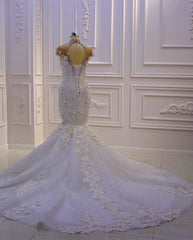 Prachtige lange zeemeermin Hoge nek Appliques Lace Crystal Tule Trouwjurk