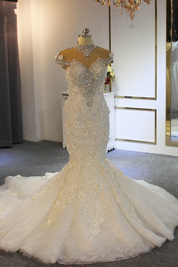 Prachtige lange zeemeermin Hoge nek Appliques Lace Crystal Tule Trouwjurk