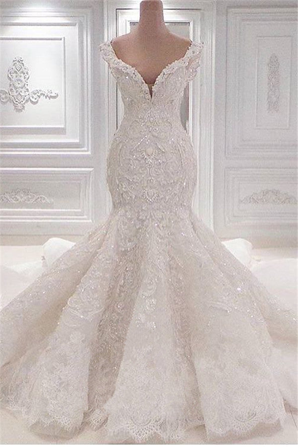 Prachtige lange zeemeermin v-neck appliques kanten ruches trouwjurk