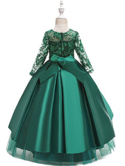 Gorgeous Long Sleeve Jewel Neck Flower Girl Dress with Tulle Satin Crystals and Lace Belt
