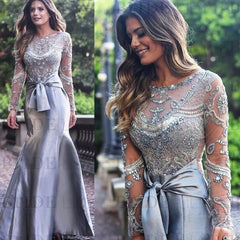 Gorgeous Mermaid Long Sleeves Gray Beaded Long Prom Dresses Formal Evening Dresses
