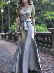 Gorgeous Mermaid Long Sleeves Gray Beaded Long Prom Dresses Formal Evening Dresses