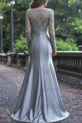 Gorgeous Mermaid Long Sleeves Gray Beaded Long Prom Dresses Formal Evening Dresses