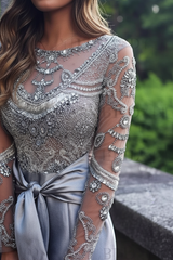 Gorgeous Mermaid Long Sleeves Gray Beaded Long Prom Dresses Formal Evening Dresses