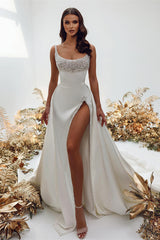 Gorgeous Mermaid Wedding Dress with Pearls and Split Long Sleeves