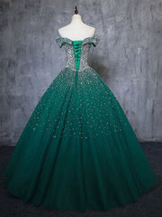 Gorgeous Off Shoulder Beaded Green Tulle Prom Dresses Glitter Ball Gown