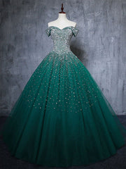 Gorgeous Off Shoulder Beaded Green Tulle Prom Dresses Glitter Ball Gown