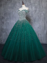 Gorgeous Off Shoulder Beaded Green Tulle Prom Dresses Glitter Ball Gown