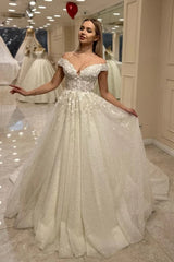Gorgeous Off Shoulder Tulle Wedding Dress Aline Lace Bridal Dress with Sequins