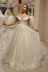 Gorgeous Off Shoulder Tulle Wedding Dress Aline Lace Bridal Dress with Sequins