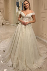 Gorgeous Off Shoulder Tulle Wedding Dress Aline Lace Bridal Dress with Sequins