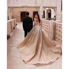 Gorgeous Off-the-Shoulder Crystal Mermaid Wedding Dresses with Sweep Train