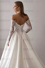 Gorgeous Off-the-Shoulder Satin Aline Wedding Dresses Front Split Long Sleeves Bridal Gown