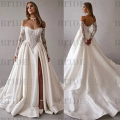 Gorgeous Off-the-Shoulder Satin Aline Wedding Dresses Front Split Long Sleeves Bridal Gown