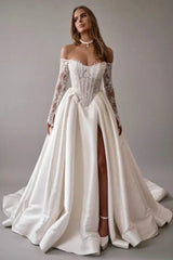 Gorgeous Off-the-Shoulder Satin Aline Wedding Dresses Front Split Long Sleeves Bridal Gown
