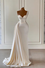 Gorgeous One Shoulder Ivory Wedding Gowns with Sweetheart Ruffle and Pearls